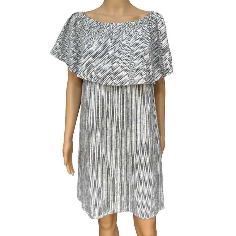 Old Navy Off the Shoulder Ruffle Black White Pinstripe Linen Blend Dress M tall